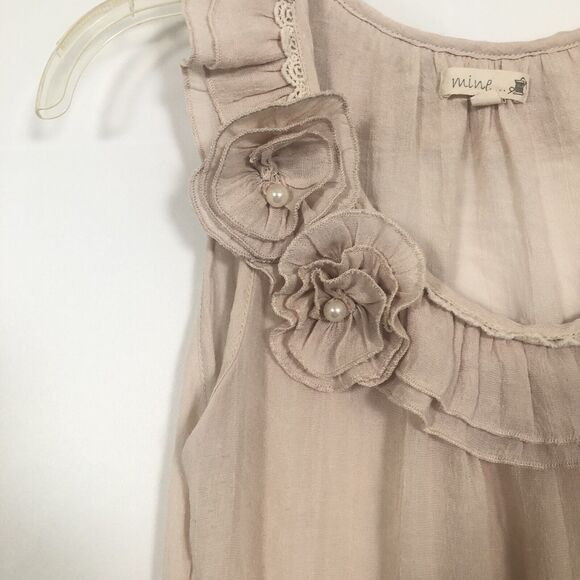 Mine Sheer Pullover Blouse Top Size S Scoop Neck Pearl Rosettes Beige - Picture 6 of 16